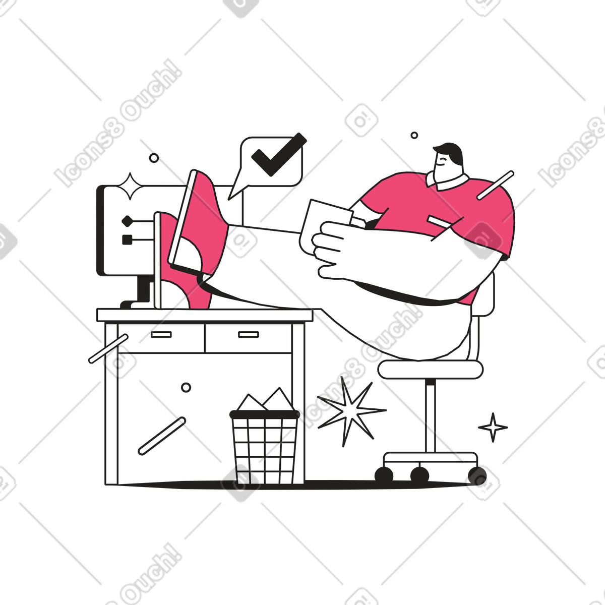 Анимированная иллюстрация Employee resting in office chair by monitor, Task completion and relaxation в стиле Dazzle Line — скачать в форматах GIF, Lottie (JSON), AE