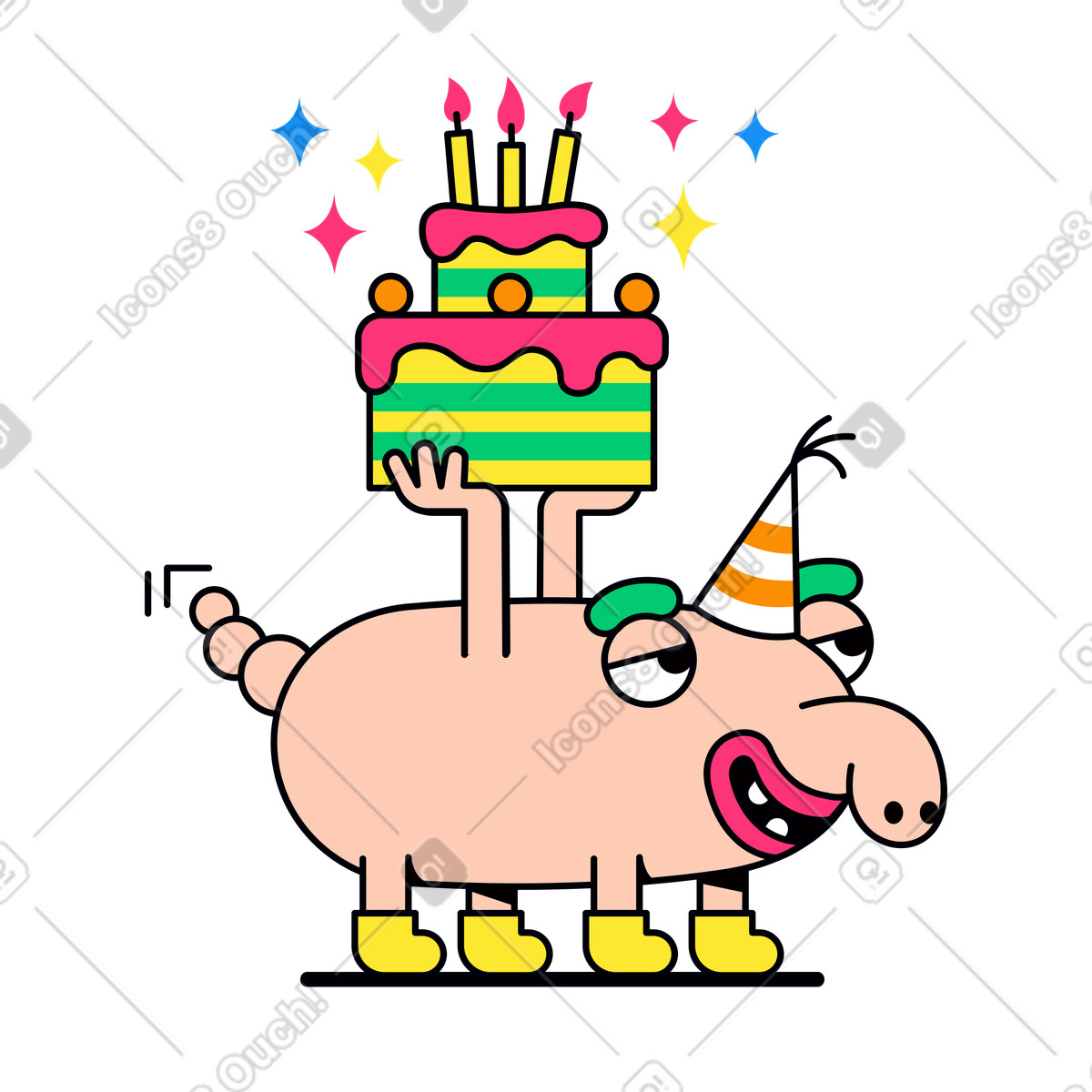 Celebrating birthday with cake and candles illustration in Droll style download in PNG, SVG