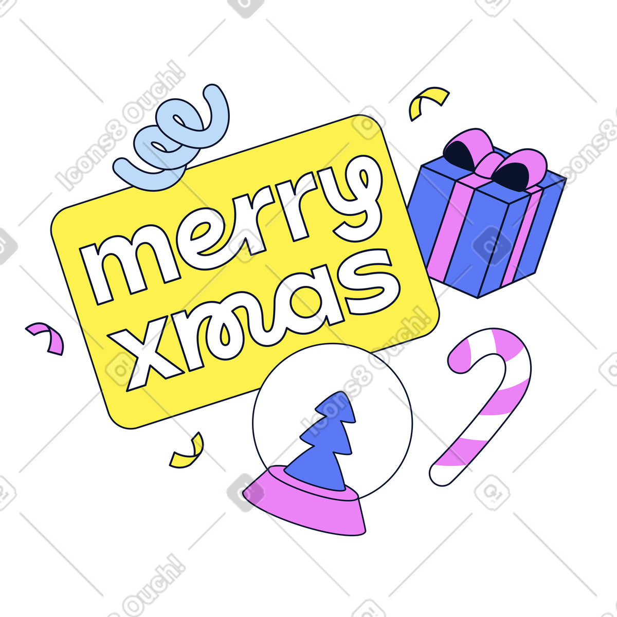 Merry Xmas lettering with candy cane and gift, Christmas card design illustration in Flexy style download in PNG, SVG