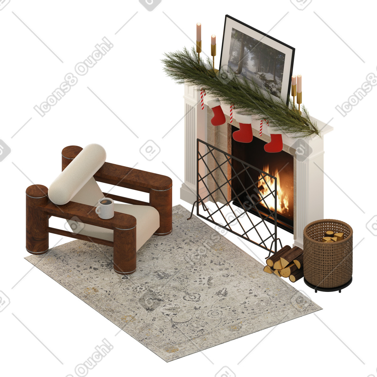 Ilustración Sillón isométrico junto a la chimenea navideña. en estilo 3D Rooms descargar en PNG y SVG