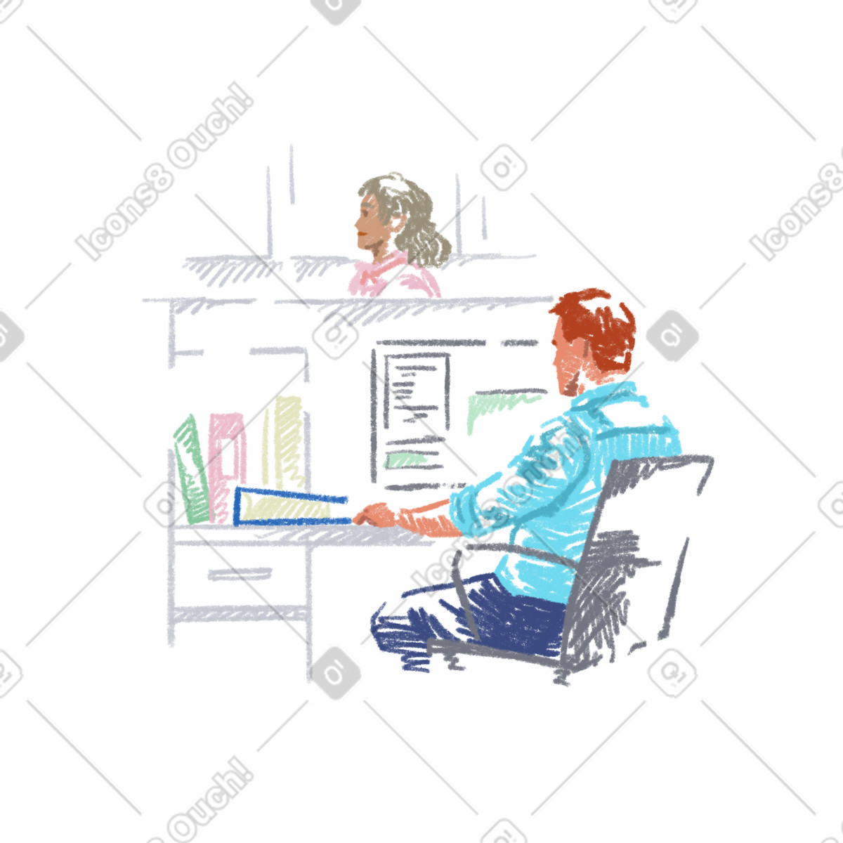 Sketchbook スタイルの オフィスで働く人々 のイラストをPNG、SVG形式でダウンロード