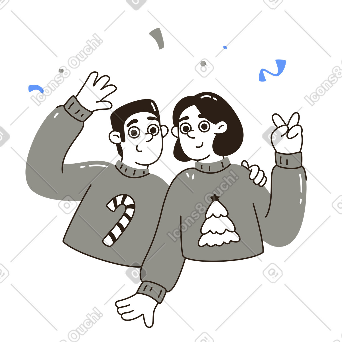 Amigos con suéteres festivos posando y saludando, festividades invernales y alegría. illustration in PNG, SVG
