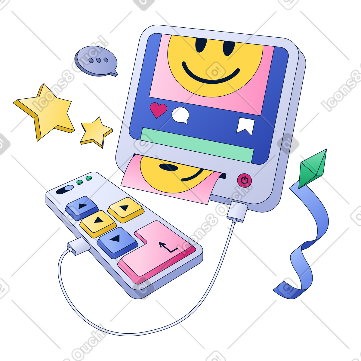 Social media engagement, Creative content, Photo printer with smiley illustration in Neat style download in PNG, SVG