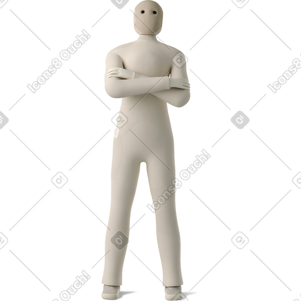 Robot standing upright with arms crossed and minimalist featureless face-Illustration im 3D Business-Stil als Download in PNG, SVG