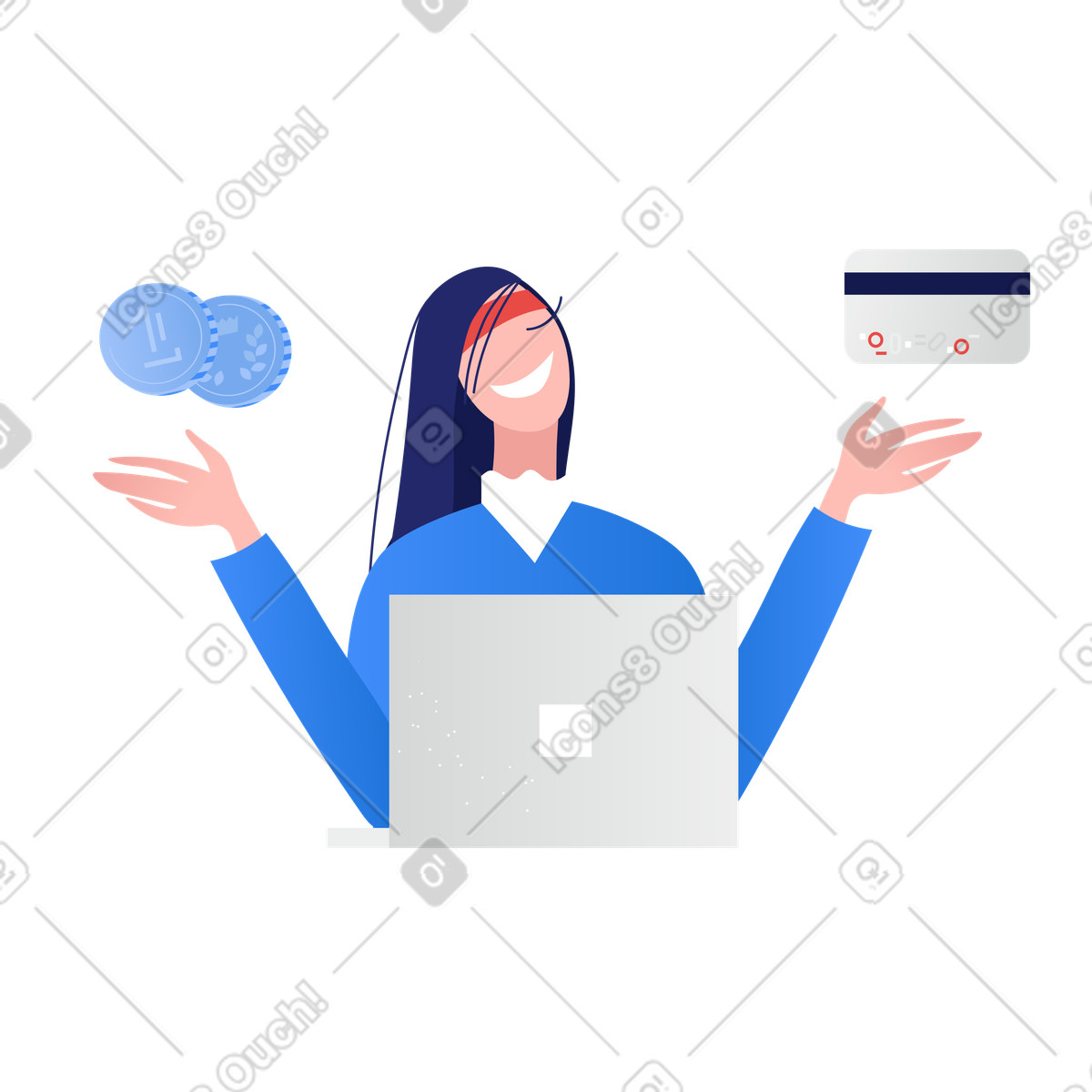 Happy customer considering payment options, E-commerce transaction choices illustration in Clip style download in PNG, SVG