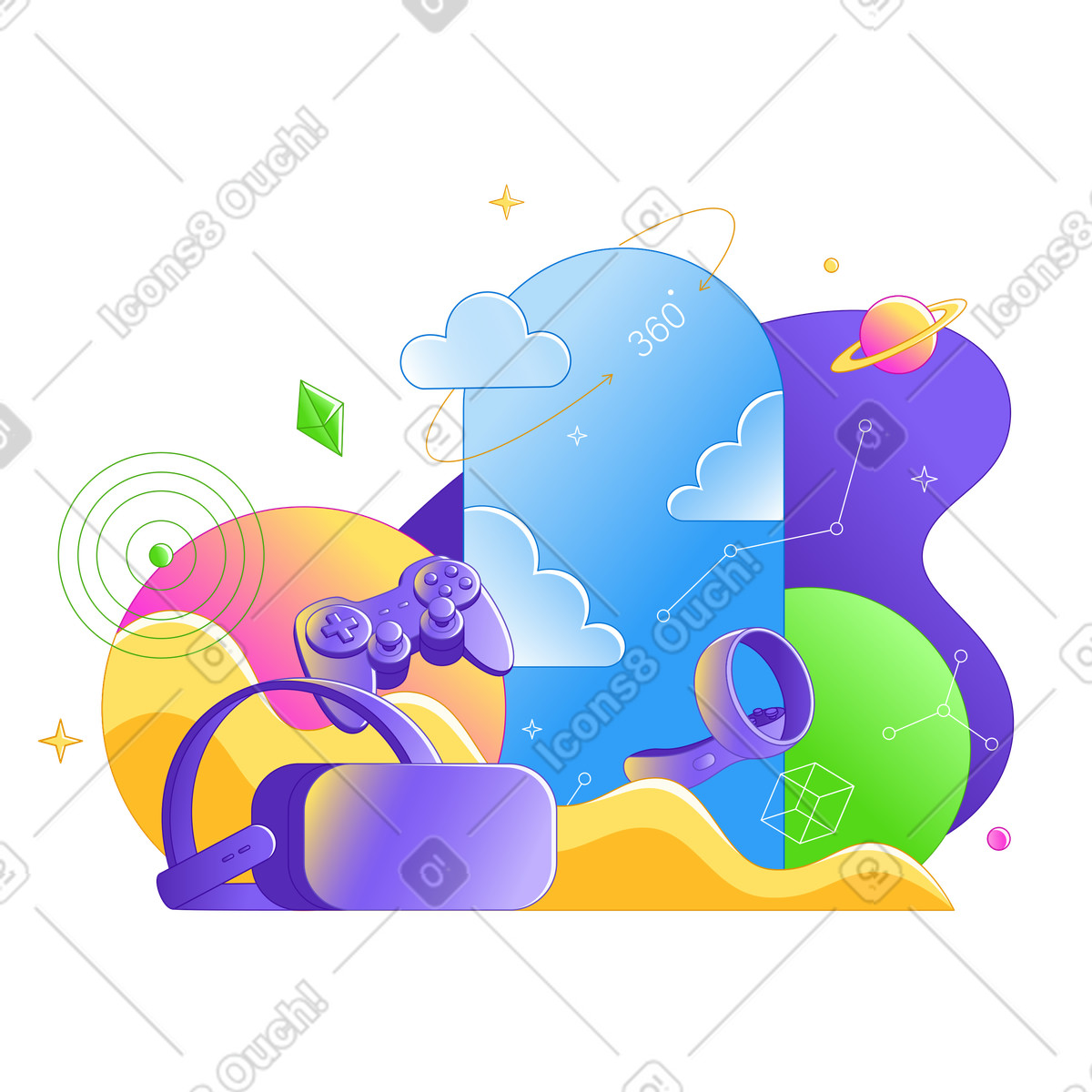 Ilustração de Game controllers and VR glasses, Immersive entertainment technology em no estilo Rainbow para baixar em PNG, SVG