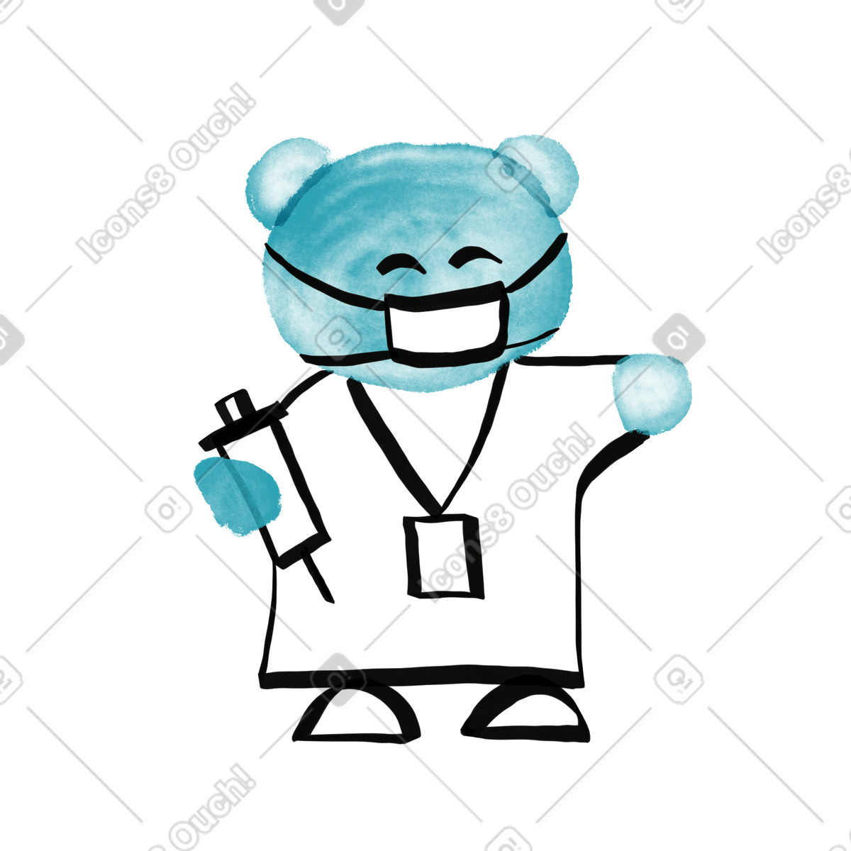Ilustração de Bear doctor wearing medical mask holding syringe for child vaccination em no estilo Watercolor sketch para baixar em PNG, SVG