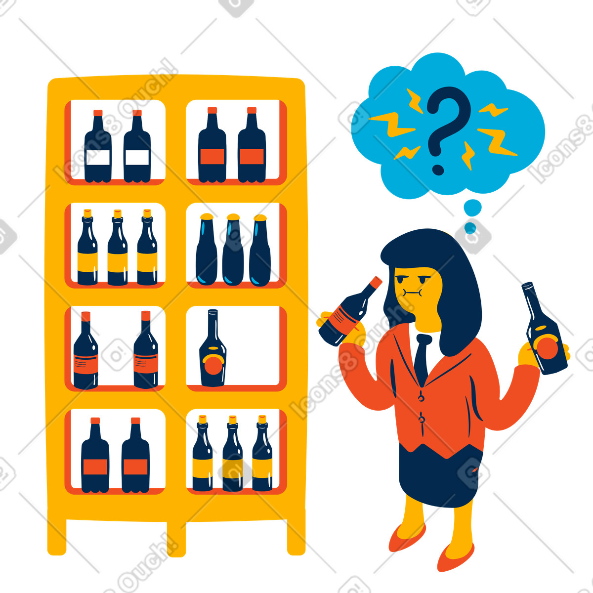 Donna che fa fatica a scegliere un drink in negozio di liquori illustrazione stile Flame scarica PNG, SVG