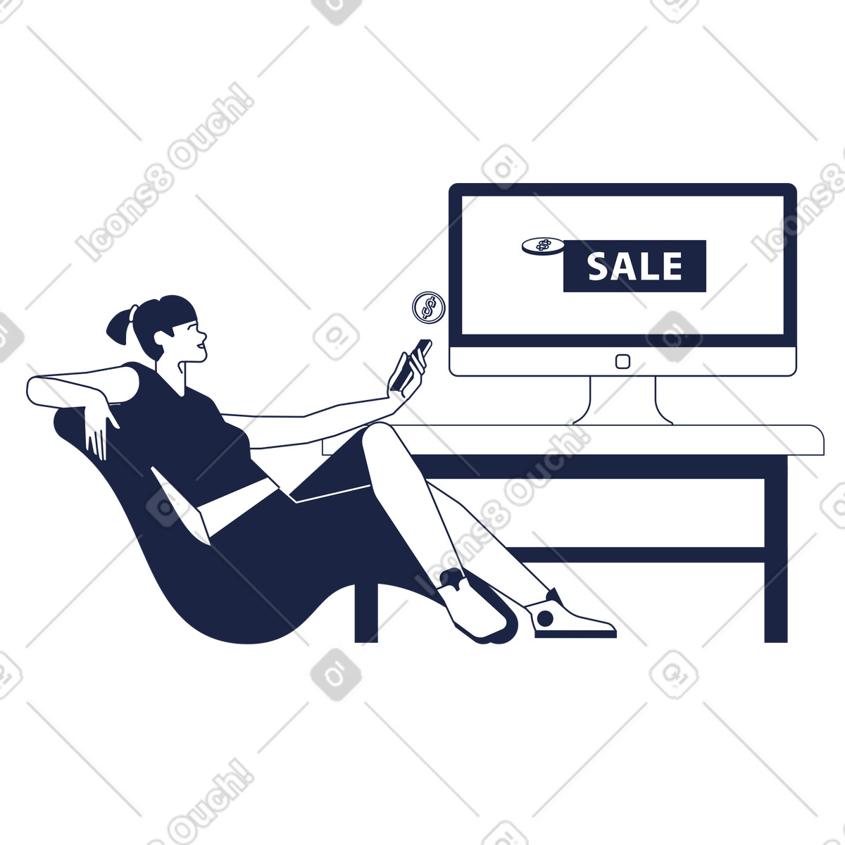 Woman sitting in chair and doing marketing with phone screen illustration Urban Line style download PNG, SVG
