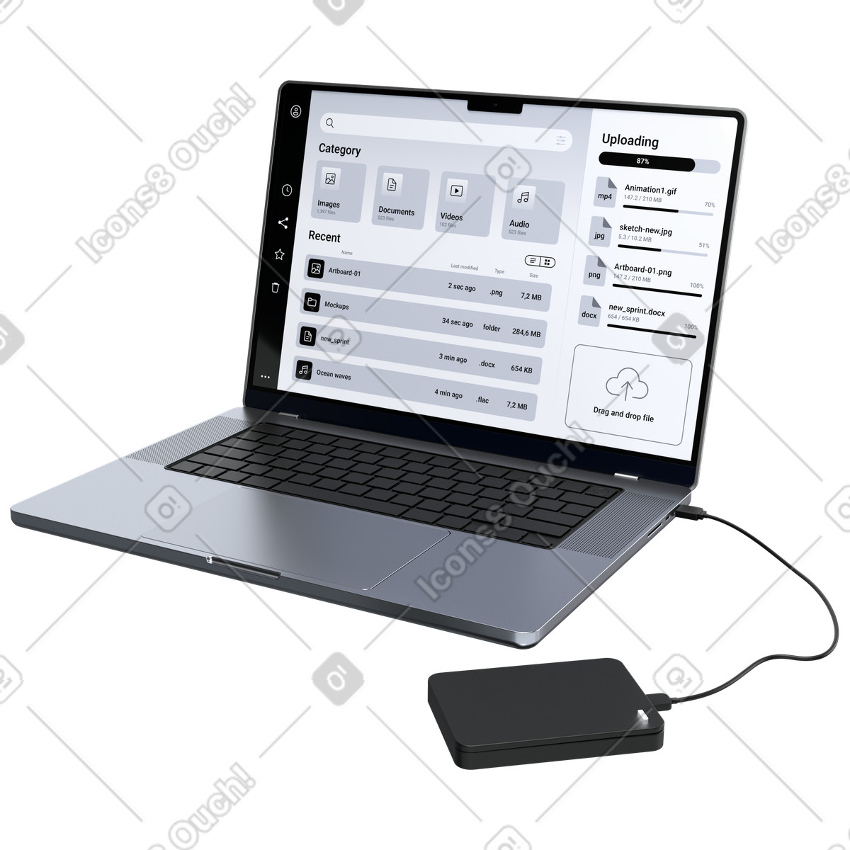 Caricamento file cloud, interfaccia di trasferimento dati laptop, sistema backup archiviazione esterna illustrazione in stile 3D Pro scarica in PNG, SVG