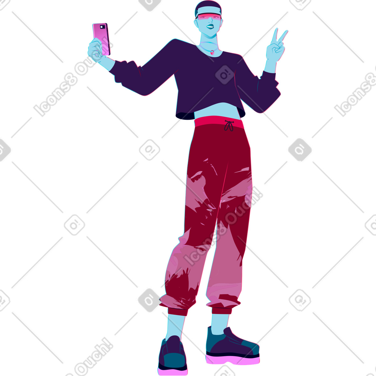 Giovane in piedi prendendo un selfie illustrazione stile Neon scarica PNG, SVG