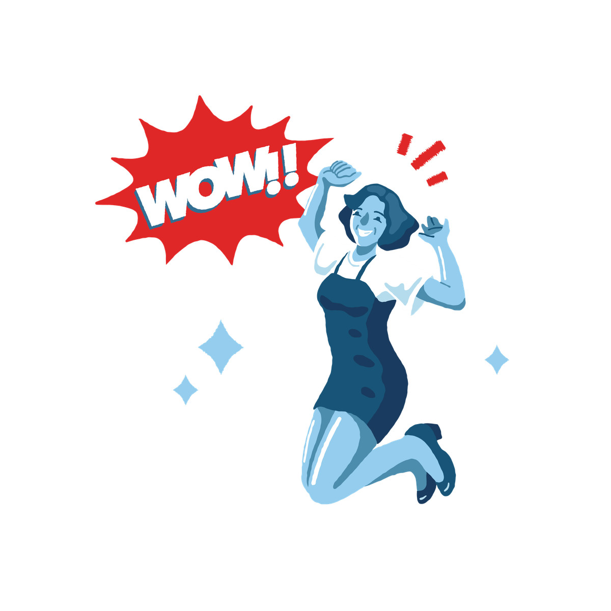 Happy woman jumping and saying wow-Illustration im Cherry-Stil als Download in PNG, SVG