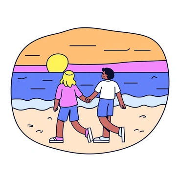 A couple walking hand in hand along a sandy beach during sunset. The sky is filled with warm hues of orange, pink, and purple as the sun sets on the horizon. Gentle waves are crashing on the shore, creating a soft frothy edge. The couple is wearing casual beach attire, and their footprints are visible in the wet sand. The scene is peaceful and intimate, capturing the moment of connection between them.