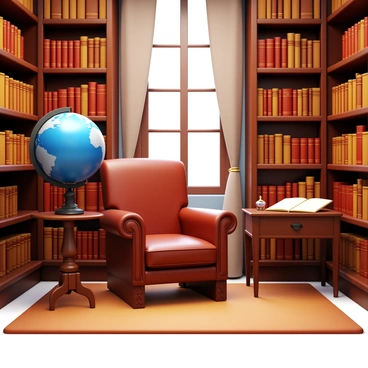An old study room featuring a vintage globe on a carved wooden stand. A large, well-worn leather armchair sits in the corner, with subtle creases and a deep mahogany color. Surrounding the room are tall bookshelves filled with a variety of leather-bound books, their spines displaying gold lettering. A small wooden desk is positioned nearby, holding an open book and a classic ink pen. Soft, ambient light filters through a window with heavy drapes, casting gentle shadows across the room.