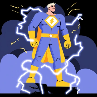 A superhero with a muscular build wearing a vibrant blue and yellow suit. The suit has a lightning bolt emblem on the chest. The superhero is in a dramatic pose, standing on a rocky outcrop with one fist raised high. Electricity crackles around their body, creating arcs of bright white and blue light. The background features dark stormy clouds that add to the intensity of the scene. The superhero's hair is blown back by the wind, emphasizing the dynamic energy surrounding them.