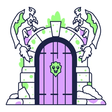 Stone gargoyles are perched ominously above a heavy wooden door that serves as the entrance to a dark dungeon. Each gargoyle is intricately carved, showcasing fierce expressions and exaggerated features such as large wings and claws. The stone surface is textured and weathered, suggesting years of exposure to the elements. The dungeon door is reinforced with iron bands and has a large knocker shaped like a lion's head. Shadows are cast dramatically around the entrance, enhancing the eerie atmosphere of this foreboding scene.