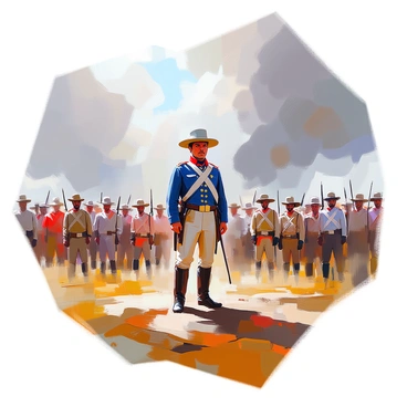 Sam Houston stands resolutely at the forefront of his troops during the Battle of San Jacinto. He is depicted wearing a military uniform, with a determined expression on his face as he rallies his men. The soldiers around him are a mix of diverse backgrounds, each clad in period-appropriate attire, preparing for the impending confrontation. The sky above is tumultuous, filled with dark, swirling clouds that hint at an approaching storm, casting dramatic shadows over the battlefield. The ground is uneven, with patches of grass and dirt, and the tension of the moment is palpable.