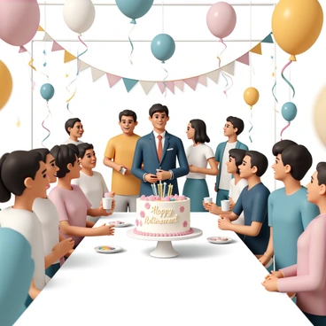 A retirement reception in a spacious hall decorated with colorful balloons and streamers. A rectangular table is set up with a large, beautifully decorated cake on it, featuring the words "Happy Retirement" in elegant frosting. Around the table, a group of friends and colleagues are gathered, smiling and chatting. One person, wearing a navy suit and a red tie, is giving a speech, holding a microphone, while others listen attentively with joyful expressions. Some guests are holding drinks, and there are small plates with snacks on the table. In the background, a banner reads "Congratulations on Your Retirement."