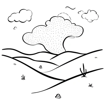 A vast desert landscape features rolling sand dunes that stretch into the horizon. A gathering sandstorm is depicted, with swirling patterns of sand rising into the air, creating a dynamic texture. The sky above is filled with billowing clouds of sand particles, casting shadows over the dunes below. Small rocks and sparse vegetation are scattered throughout the scene, partially obscured by the encroaching storm. The scene conveys a sense of movement and the raw power of nature.