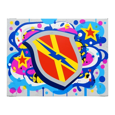 A vibrant graffiti wall showcasing a large, stylized emblem of an ultras group. The emblem is prominently placed in the center, featuring bold lines and bright colors such as red, blue, and yellow. Surrounding the emblem are intricate patterns and symbols that represent the group's spirit, including stars and lightning bolts. The background is filled with a blend of abstract shapes and splashes of color that enhance the overall energy of the composition. The wall appears textured, with drips of paint and layered designs creating depth.