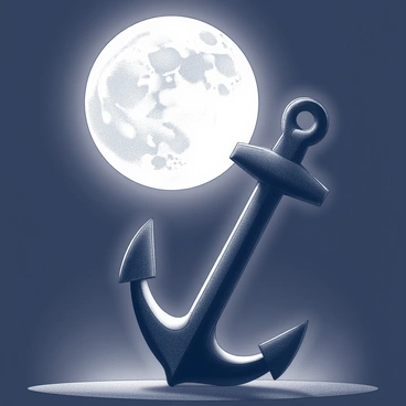 A silhouette of an anchor stands prominently against a large, full moon. The moon, round and bright, fills the night sky with its light. The scene is set in a dark, tranquil environment, with the anchor positioned in the foreground. The moonlight casts a gentle illumination on the edges of the anchor, enhancing its contours and giving it a striking presence against the night backdrop.