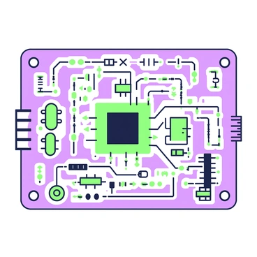 An intricate design of a circuit board is laid out, showcasing various electronic components. The circuit paths are interwoven across the surface, with distinct outlines highlighting parts such as capacitors, resistors, and microchips. Some components are arranged in clusters, while others are spaced throughout the board. In the center, there is a prominent microprocessor with connecting pins extending outward. Small labels near each highlighted component provide identification, and the overall composition reveals a complex network of electrical connections and pathways.