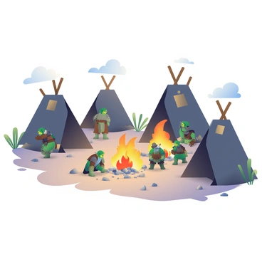 An orc camp is set in a desolate landscape with a barren, rocky terrain. Several large, rugged tents made of dark fabric are scattered throughout the camp. The tents are supported by wooden poles that protrude from their tops. In the center, there are multiple roaring campfires, sending up plumes of smoke into the air. Around the fires, a group of orcs with green skin, wearing leather armor, are gathered, some cooking food over the flames while others are engaged in conversation. Scattered rocks and sparse vegetation hint at the harsh conditions surrounding the camp, creating a stark contrast with the lively presence of the orcs.