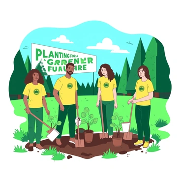 A group of five individuals is actively planting young trees in a green open space. Each team member is wearing matching yellow t-shirts with the brand's logo prominently displayed on the front. In their hands, they hold shovels and small potted trees ready to be planted. The scene is set under a bright blue sky with patches of white clouds. In the background, there are more trees and a banner that reads "Planting for a Greener Future" in bold letters. The ground is rich and brown, indicating freshly turned soil, and there are green grass patches surrounding the area where they are working.