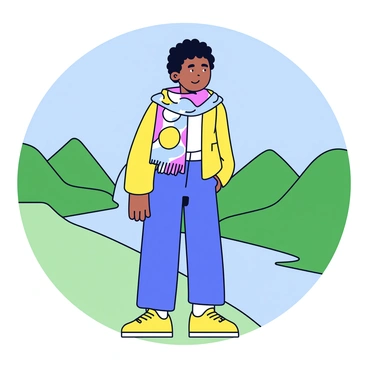 A stylish traveler stands in a scenic landscape, wearing a lightweight, patterned scarf made of breathable fabric. The scarf is colorful with geometric shapes and flows gently in the breeze. The traveler is dressed in comfortable, casual clothing suited for outdoor exploration. Surrounding the traveler are lush green hills and a clear blue sky, creating a vibrant background.