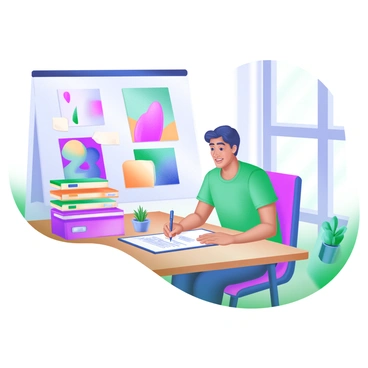 An artist sitting at a modern wooden table, signing a contract with a focused expression. The artist is holding a pen in one hand and has colorful art portfolios stacked beside them. The portfolios display various vibrant artworks, including abstract paintings and illustrations. Natural light filters through a nearby window, illuminating the scene and highlighting the textures of the portfolios and the artist's workspace. A small potted plant adds a touch of greenery to the table.