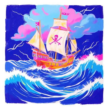 A notorious pirate ship sails on the high seas, its sails tattered and flapping wildly in the wind. The ship's hull is weathered and embellished with skull motifs. Dark storm clouds loom menacingly overhead, and flashes of lightning illuminate the turbulent ocean waves crashing against the ship. In the foreground, the sea is a deep, churning blue with hints of white foam from the waves. The scene conveys a sense of impending chaos as the ship navigates through the storm.