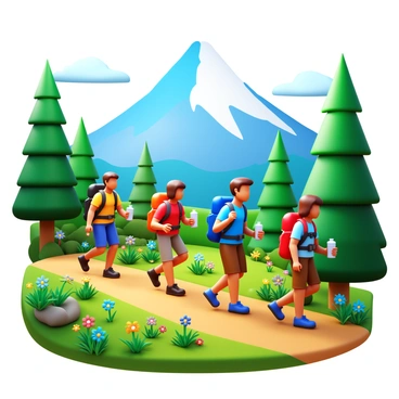 A group of four friends hiking up a mountain trail. The friends are wearing colorful hiking gear. They carry backpacks and drink water from reusable bottles. Lush green trees and vibrant wildflowers line the trail. The sky above is clear with soft clouds. In the background, a majestic mountain peak rises, partially covered in snow. Sunlight filters through the leaves, creating a dappled light effect on the ground.