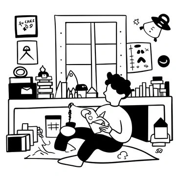 A young boy with dark hair is sitting on the floor of a cluttered childhood bedroom, carefully assembling a model rocket. The room is filled with stacks of books, toy spacecraft, and posters of rockets on the walls. Tools and small parts are scattered around him. A window in the background lets in light, illuminating a desk covered with sketches and blueprints of various rocket designs. The boy is focused on the rocket, holding a glue bottle in one hand and a rocket fin in the other. "To the stars" is written on a piece of paper taped to the wall nearby.