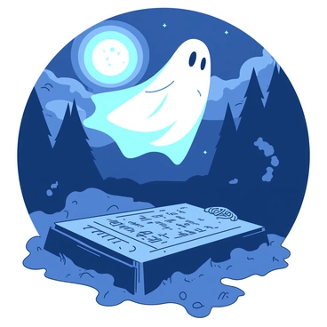 A translucent ghost with an ethereal glow is floating above an ancient gravestone. The ghost has wispy, flowing edges that give it a spectral appearance. The gravestone is weathered and moss-covered, intricately engraved with faded inscriptions. In the background, a full moon casts a bright light, illuminating the scene with a silvery sheen. Dark clouds drift across the sky, enhancing the haunting atmosphere of the night. Shadows from nearby trees stretch across the ground, adding depth to the scene.