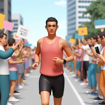 A marathon runner, wearing a bright red tank top and black shorts, is in the middle of a city street. He is focused and determined, with sweat glistening on his forehead. Around him, a crowd of enthusiastic spectators lines the street, holding up colorful signs and cheering loudly. Some spectators are waving their hands in encouragement, while others are taking pictures with their smartphones. The backdrop features tall buildings and a clear blue sky. The atmosphere is lively and energetic, capturing the spirit of the marathon event.