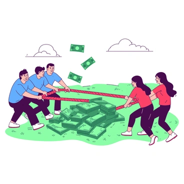 A group of seven men in blue shirts are energetically pulling on one end of a thick rope, their faces showing determination. On the opposite side, three women in red shirts are pulling equally hard, their expressions reflecting focus and strength. In the center of the tug of war, there is a large pile of green cash stacked high, with some bills fluttering in the air. The background shows a grassy field under a clear sky, enhancing the lively atmosphere of the competition.