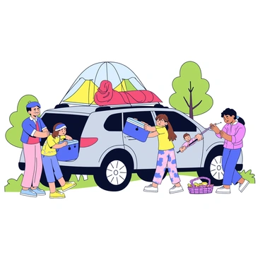 A family is packing their crossover SUV with various camping gear. The SUV is a sleek, silver vehicle with ample storage space. The father is placing a large blue cooler into the trunk, while the mother is securing a red sleeping bag beside it. Two children are helping by stacking colorful tents and a fishing pole inside. Nearby, there's a picnic basket filled with food items. The scene is set in a driveway, surrounded by green grass and a few trees in the background.