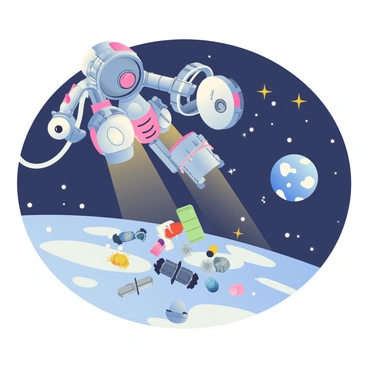 A robotic spacecraft with a sleek metallic design is positioned in low Earth orbit, actively collecting debris. The spacecraft has articulated arms extending towards a cluster of various pieces of space junk, including defunct satellites and metal fragments. The background features a dark expanse of space sprinkled with distant stars. A small, bright Earth is visible in the distance, showcasing its blue oceans and white clouds. The robotic spacecraft is equipped with advanced sensors and collection mechanisms, demonstrating its technology in action.