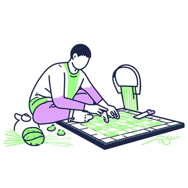 An artisan is sitting on the ground, focused on crafting a coir mat. He is using traditional tools, including a sharp knife and a weaving frame. The long strands of coir, made from coconut husk, are spread out beside him. His hands are skillfully entwining the fibers together in a precise pattern. Surrounding him, there are bundles of coir in various shades. The scene captures the intricate details of the mat as it begins to take shape, showcasing the texture and craftsmanship involved in the process.