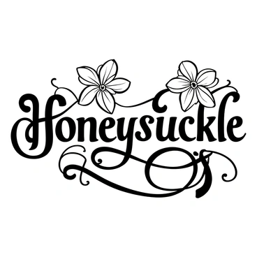A vintage-style illustration features "Honeysuckle" written in ornate lettering. The honeysuckle flowers are delicately entwined around the letters, showcasing their intricate blooms and curling vines. The overall composition emphasizes the elegance of the lettering intertwined with the natural beauty of the honeysuckle. The background provides a subtle contrast that enhances the details of the flowers and lettering.