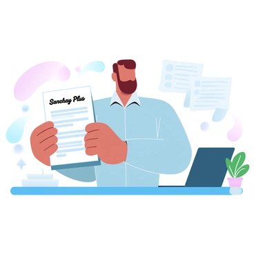 A small business owner with short hair is holding a "Sanchay Plus loan approval letter" in both hands. The owner is wearing a tailored shirt and has a look of satisfaction. The background features a desk with financial documents and a laptop. To the side, there is a small potted plant adding a touch of green. A warm light illuminates the scene, creating a positive atmosphere.