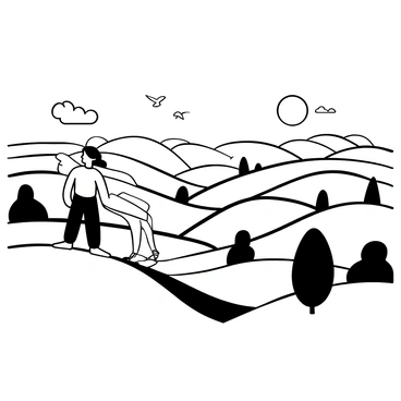 A figure of a man with long hair standing on a hill, overlooking a vast countryside filled with rolling hills and trees. The man is dressed in simple attire, and the wind gently moves the fabric around him. In the distance, a river meanders through the landscape, reflecting the horizon. A flock of birds is flying above the hills, adding to the tranquil scene. The sun is setting, casting long shadows across the terrain, while a few scattered clouds drift in the sky.