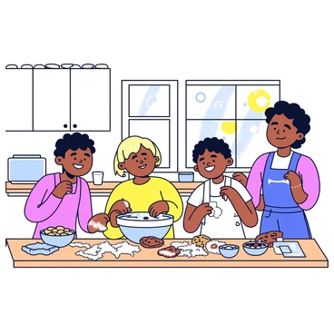A cheerful kitchen scene with a family baking cookies together. The kitchen has white cabinets and a central wooden table. There are two children, one boy and one girl, covered in flour, smiling as they mix ingredients in a large bowl. The mother stands nearby, rolling out cookie dough with a rolling pin, also dusted with flour. Cookie cutters in various shapes are scattered across the table. There are bowls of chocolate chips and sprinkles on the side. Sunlight streams through a window, illuminating the playful atmosphere.