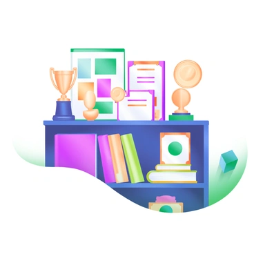 A shelf showcasing a collection of awards, including trophies and certificates, prominently displayed. On the shelf, there are various pieces of artwork, such as colorful prints and small sculptures, adding visual interest. Several design books with spines in different colors are neatly arranged, creating a vibrant backdrop. The overall composition is organized yet eclectic, reflecting a creative designer's workspace.