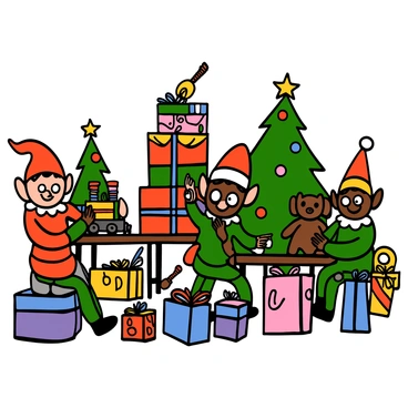 Inside Santa's workshop, a scene is bustling with activity. Several elves with pointy hats and bright clothing are joyfully working together. One elf with light skin and big eyes is painting a colorful toy train on a workbench. Another elf with dark skin and big eyes is stacking neatly wrapped presents, adorned with shiny ribbons and bows. A third elf with light skin and big eyes is sewing a teddy bear, surrounded by colorful fabrics and threads. The workshop is filled with toys of all shapes and sizes, and there are decorated Christmas trees in the background, adding to the festive atmosphere.