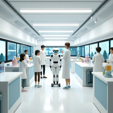 A spacious futuristic science lab filled with advanced technology. In the center, an AI robot, sleek and humanoid in design, is interacting with a group of students. The students, dressed in modern lab coats and safety goggles, are attentively watching as the AI conducts experiments. Various high-tech equipment is scattered across the lab, including digital screens displaying complex data and futuristic lab instruments. The walls are lined with glowing panels, and there are transparent tubes containing colorful liquids. Bright overhead lights illuminate the scene, highlighting the students' expressions of curiosity and excitement.