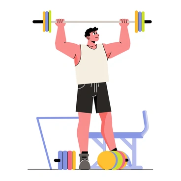 A weightlifter with defined muscles and wearing a sleeveless shirt is lifting a silver barbell above their head. The weightlifter has a focused expression, showcasing determination. They are standing on a gym floor with colorful weights stacked on either end of the barbell. The background includes gym equipment like benches and dumbbells, creating an active environment. The overall scene captures the weightlifter's strength and balance in this dynamic pose.