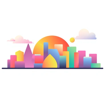 A vibrant city skyline is composed of various geometric shapes, including triangles, rectangles, and circles, all in vivid colors. The buildings are arranged in diverse heights, creating a dynamic silhouette against the sky. The background features a bright sunset with shades of orange, pink, and purple blending together seamlessly. Soft clouds are scattered across the sky, reflecting the warm colors of the sunset. The geometric shapes have sharp edges and clean lines, emphasizing the modernity of the cityscape.