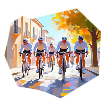 A group of cyclists on vintage bicycles racing along a cobblestone street. The cyclists are dressed in retro-style clothing, including wool jerseys and leather caps. The cobblestone street is lined with charming old buildings, featuring brick facades and wrought-iron balconies. Sunlight filters through the trees lining the street, casting dappled shadows on the ground. The scene conveys a sense of excitement as the cyclists pedal quickly, with some of them leaning forward in an effort to gain speed.