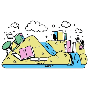 A vast landscape dominated by giant storybooks standing upright, with their covers open to reveal vibrant illustrations. The pages of the books form rolling hills and winding pathways, leading through a lush environment. Some storybooks are large enough to act as bridges, while others cascade like waterfalls when the pages flutter in the breeze. Scattered throughout the scene are oversized writing utensils, like quills and inkpots, complementing the whimsical atmosphere. The sky above is clear, with fluffy clouds floating gently, casting soft shadows on the colorful terrain.